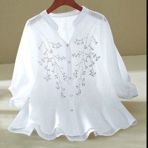 White Floral Three-Quarter Sleeve V-Neck Top